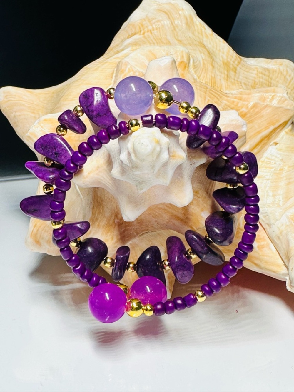 Purple Stones  Adjustable Bracelet Set - Gold Accent